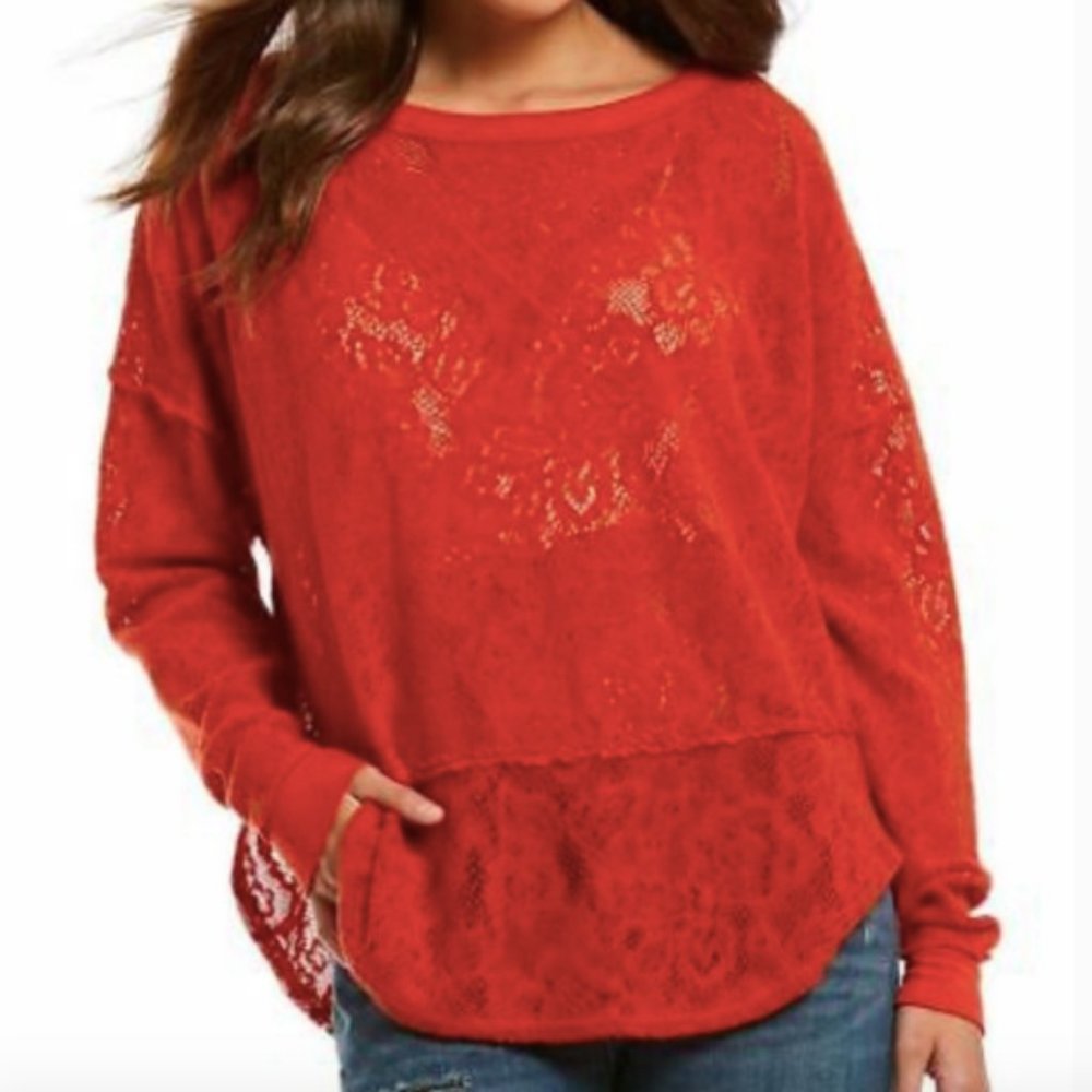 Free People Long Sleeve Oversized Lace Top Orange sz L